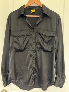 Daisy Black Satin Button-Down Shirt with Chest Flap Pockets Chic Capsule